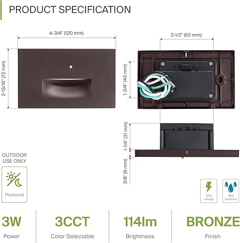 Miniatura 2 de ASD Lámpara LED empotrable  3W 120LM 3000K-5000K 120V  3CCT, fotocélula, impermeable, certificación ETL, lámpara de escalera del anochecer al