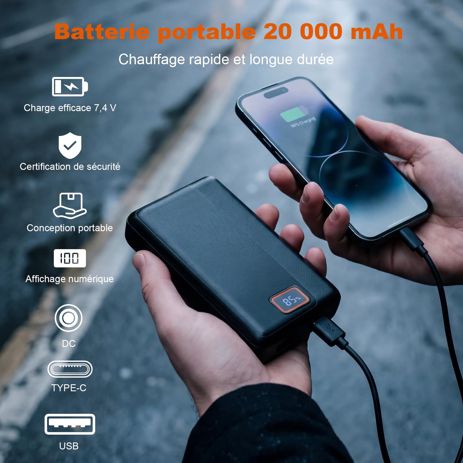 Veste Chauffante Homme Batterie HD 20000mAh 7.4V 6 Zones de Chauffe 3 Températures Imperméable Coupe-vent Hiver Camping Ski