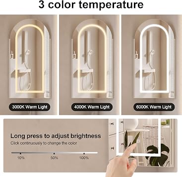 Led Corner Mirror Cabinet for Bathroom,White Arched Corner Bathroom Cabinets with Mirror,3 Color Lighted Mirrored Cabinet Wall Mounted with Storage,40 x 80 [Energy Class F]