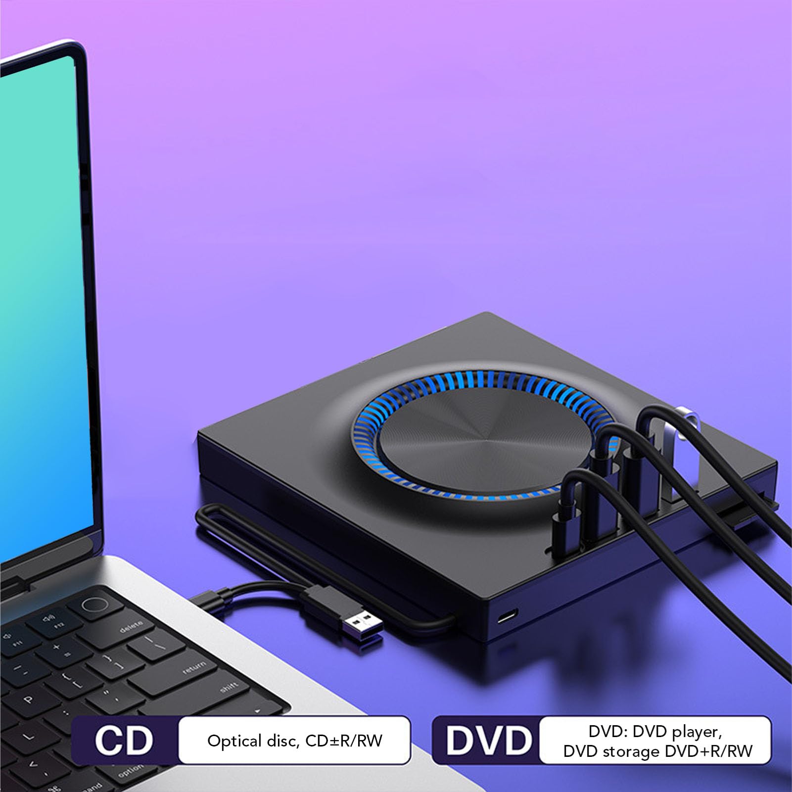 Cuifati Externes Optisches Laufwerk, 7-in-1, 5 Gbit/s, Hochgeschwindigkeits-USB 3.0, CD-DVD-Brenner, Schlank, Tragbar für Desktop-PC, Externes CD-DVD-Laufwerk mit USB-Hub und Kartenleser, Kompatibel