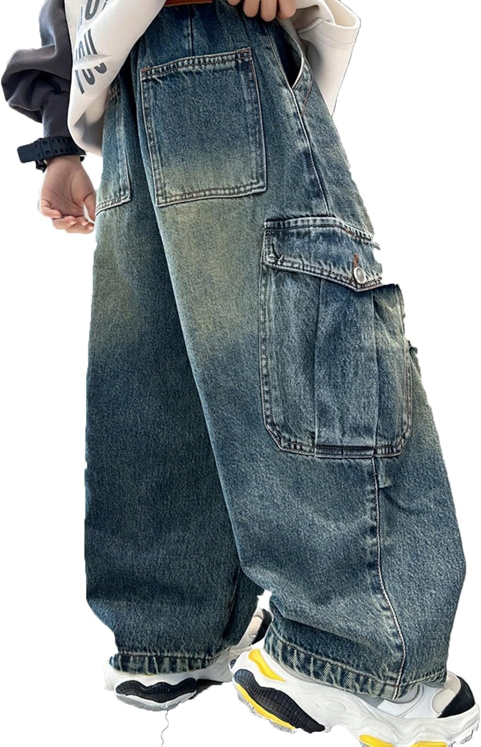 Boys Baggy Jeans for Teens Kids Y2K Wide Leg Loose Denim Pants Elastic Waist Straight Leg Trousers Vintage Streetwear