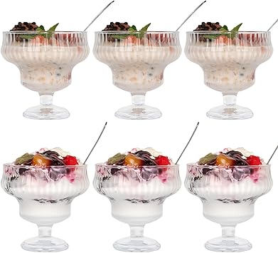 6 Glass Dessert Bowls with 6 Spoons, 300ml Crystal Footed Ice Cream Bowls for Sundae, Parfait, Salad & Shrimp Cocktail,Elegant Decorative Glassware, Snack Candy Fruit Milkshakes Sherbet Trifle Cups