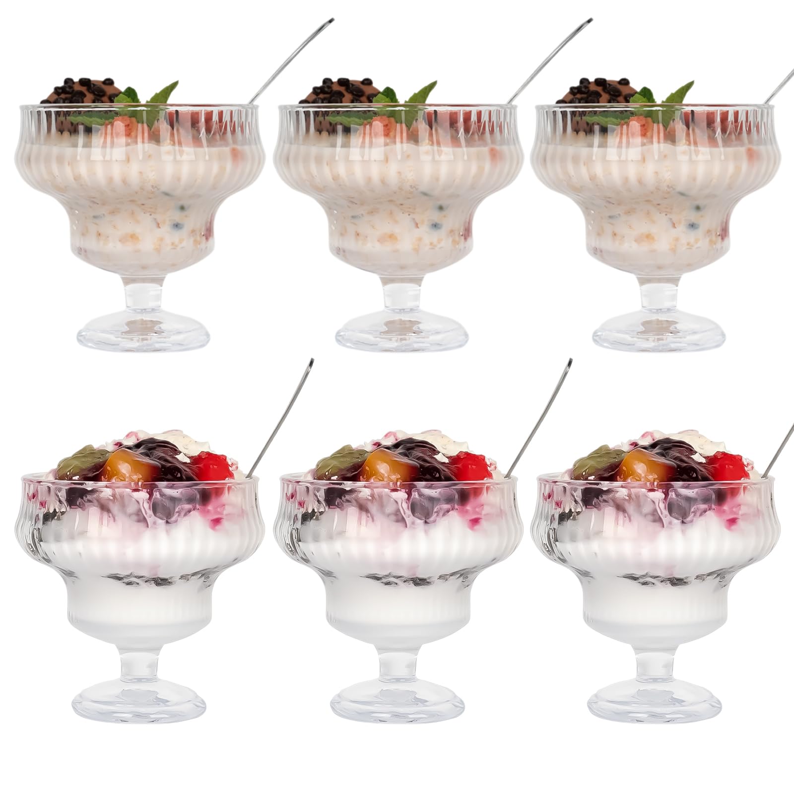 6 Pcs 300ml Glass Dessert Bowls with Spoons, Crystal Footed Ice Cream Bowls for Sundae, Parfait, Salad & Shrimp Cocktail, Elegant Decorative Glassware, Snack Candy Fruit Milkshakes Sherbet Trifle Cups