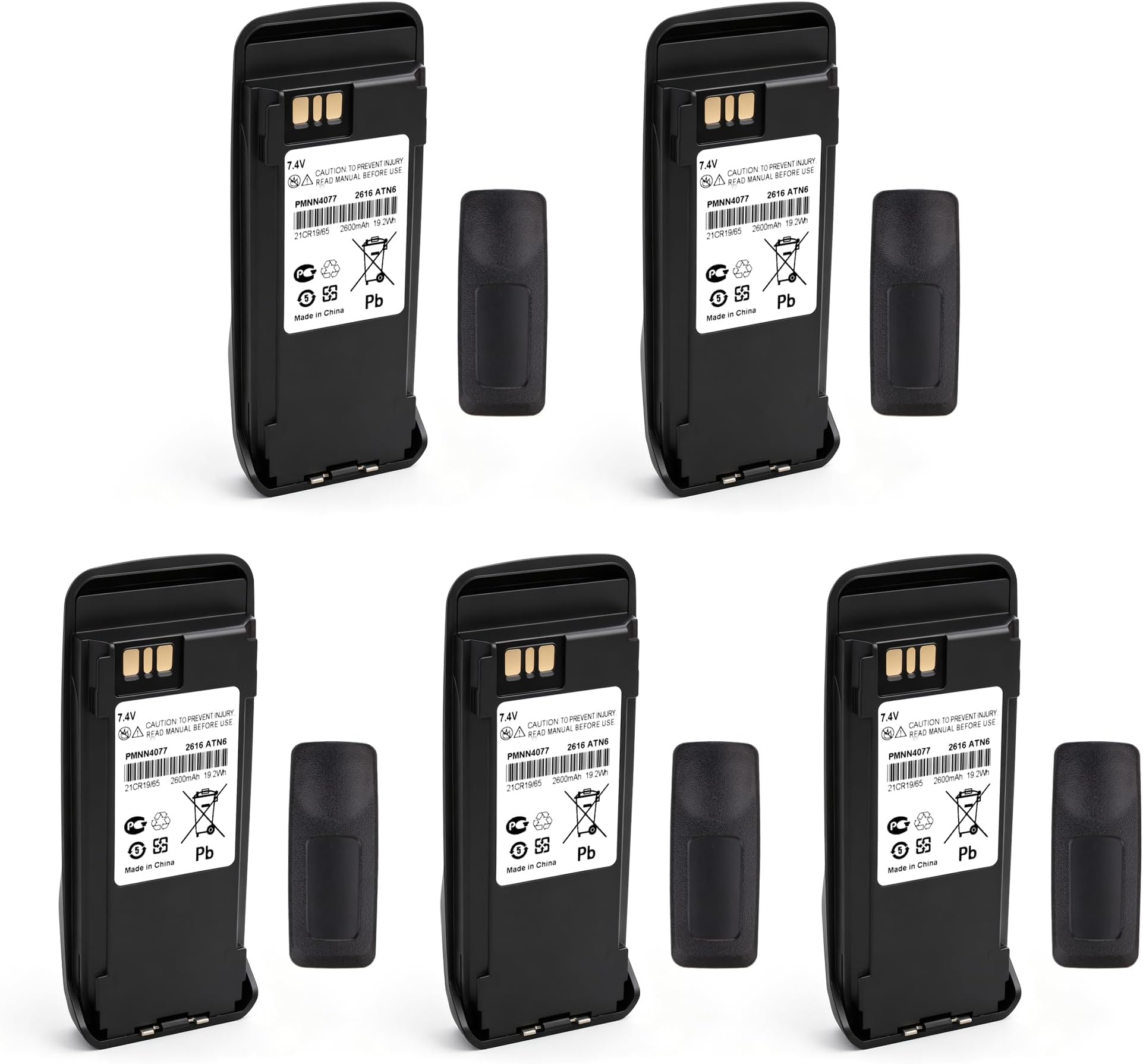 2600mAh 5-Pack PMNN4077 PMNN4077C PMNN4077D Battery Compatible with DP3400 DP3401 DP3600 XPR6100 XPR6300 XPR6500 XiR P8200 XiR P8260 DGP4150 DGP6150 Handheld Radios with Belt Clip