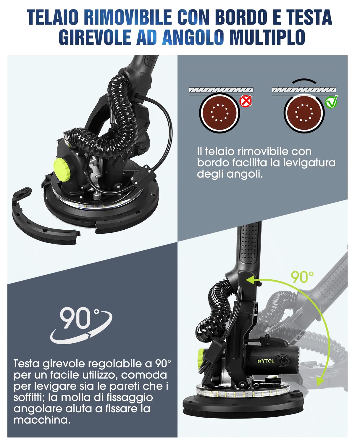 MYTOL Levigatrice per Muro con Aspiratore, 900W Elettrico Giraffa Levigatrice per cartongesso Manico Allungabile Pieghevole, 6 Velocità Variabili Massimo 1800U/min, Luce LED, 12 Carte Abrasive