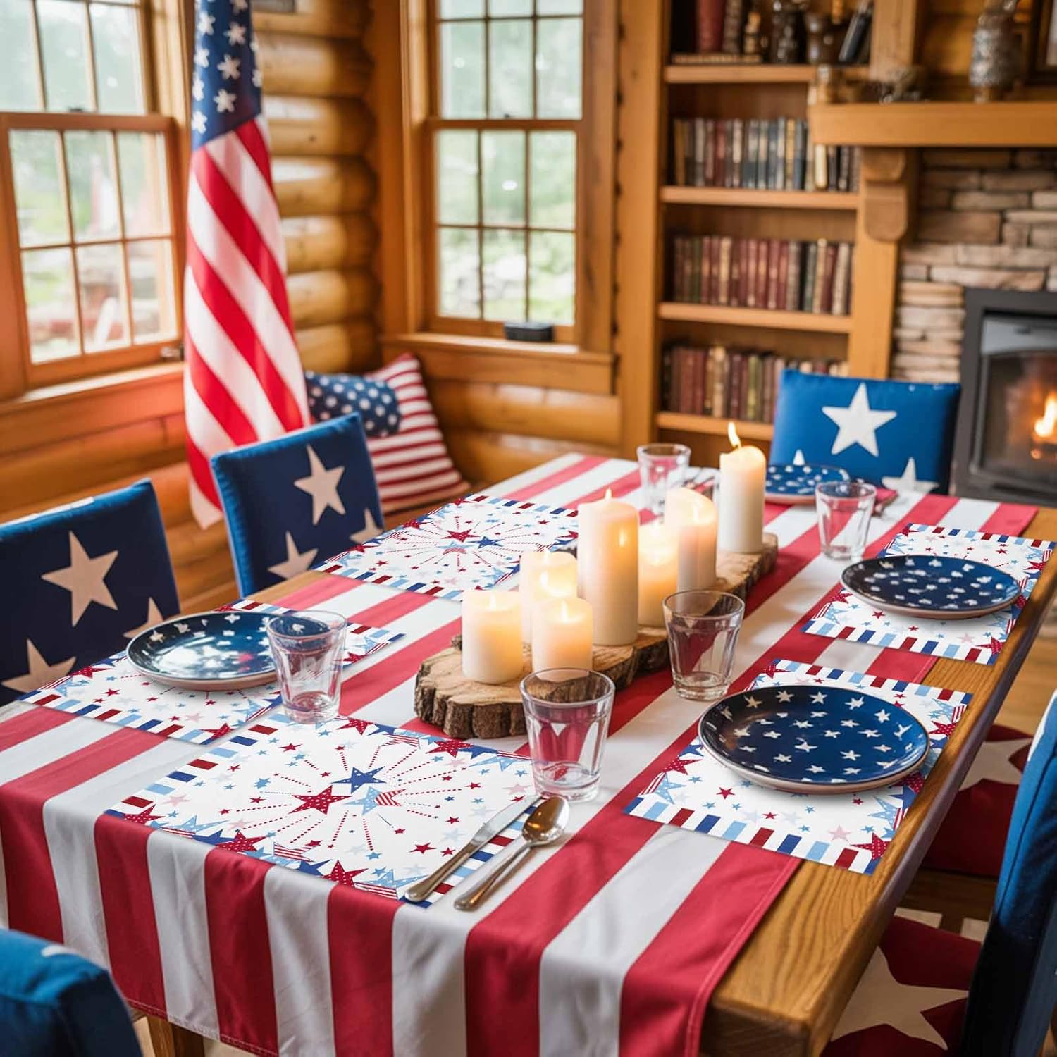4th of July Placemats Set of 4- Heat Resistant Patriotic Stars Red White and Blue Stripes Memorial Day Washable Dining Table Place Mats Independence Day Party Kitchen Decor for Home Outdoor Indoor
