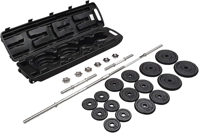 FIT4HOME Cast Iron Weight Set 50kg With Free Carry Case | Weight Lifting Strength Training Body Building Workout | Home Gym Dumbbells Barbell Set