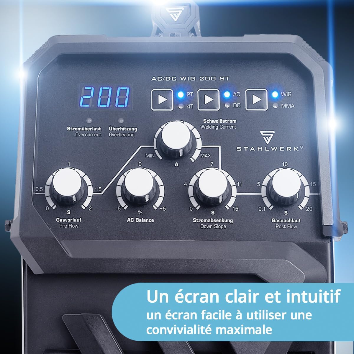 Front control panel of the STAHLWERK TIG 200 ST welder with digital display and knobs