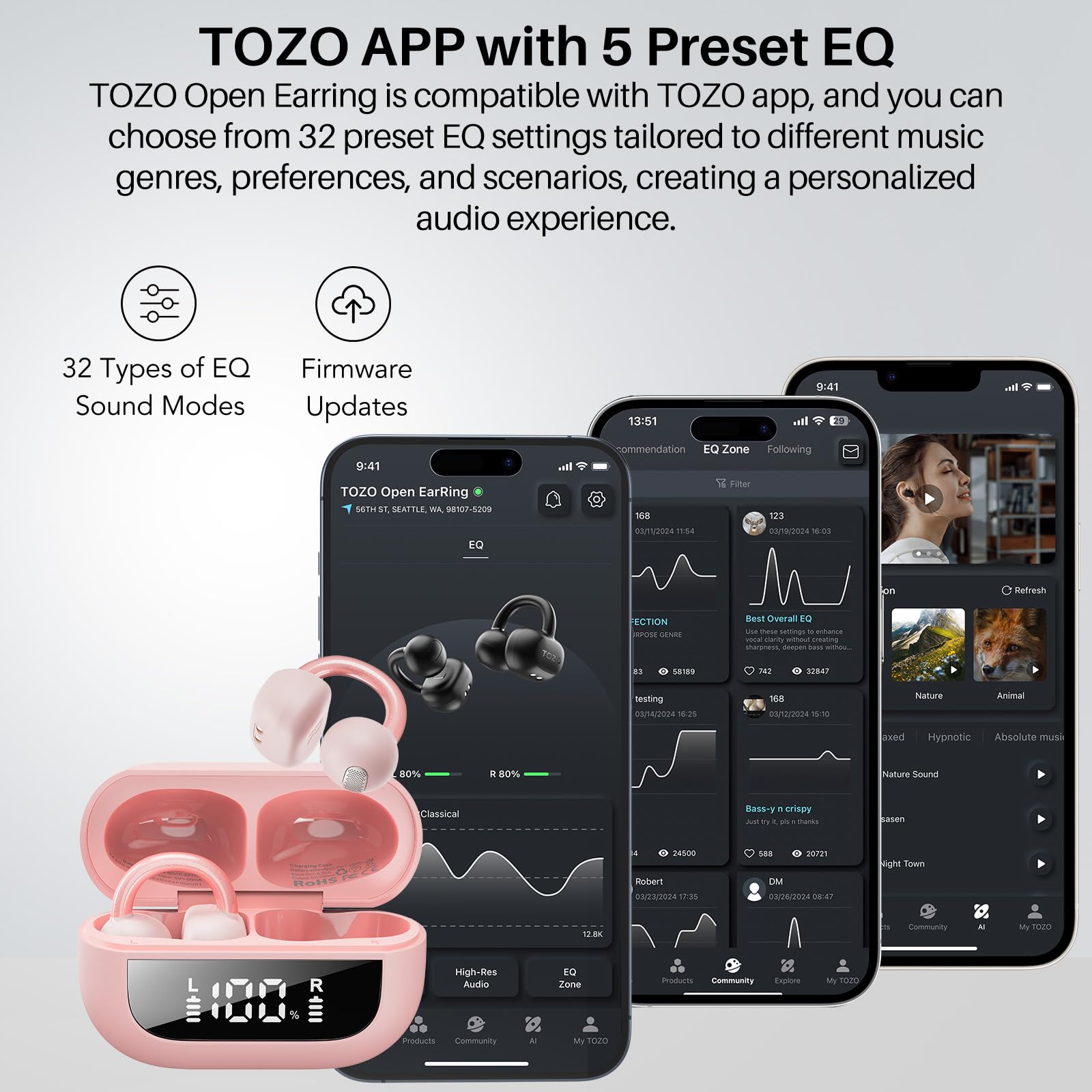 TOZO OpenEarRing Écouteurs Bluetooth sans Fil 5.1g Ultraléger Confortable | Réduction IA de Bruit ORIGX Acoustique EQs Ajustement 40H d'Autonomie LED Écran USB Type C IPX5