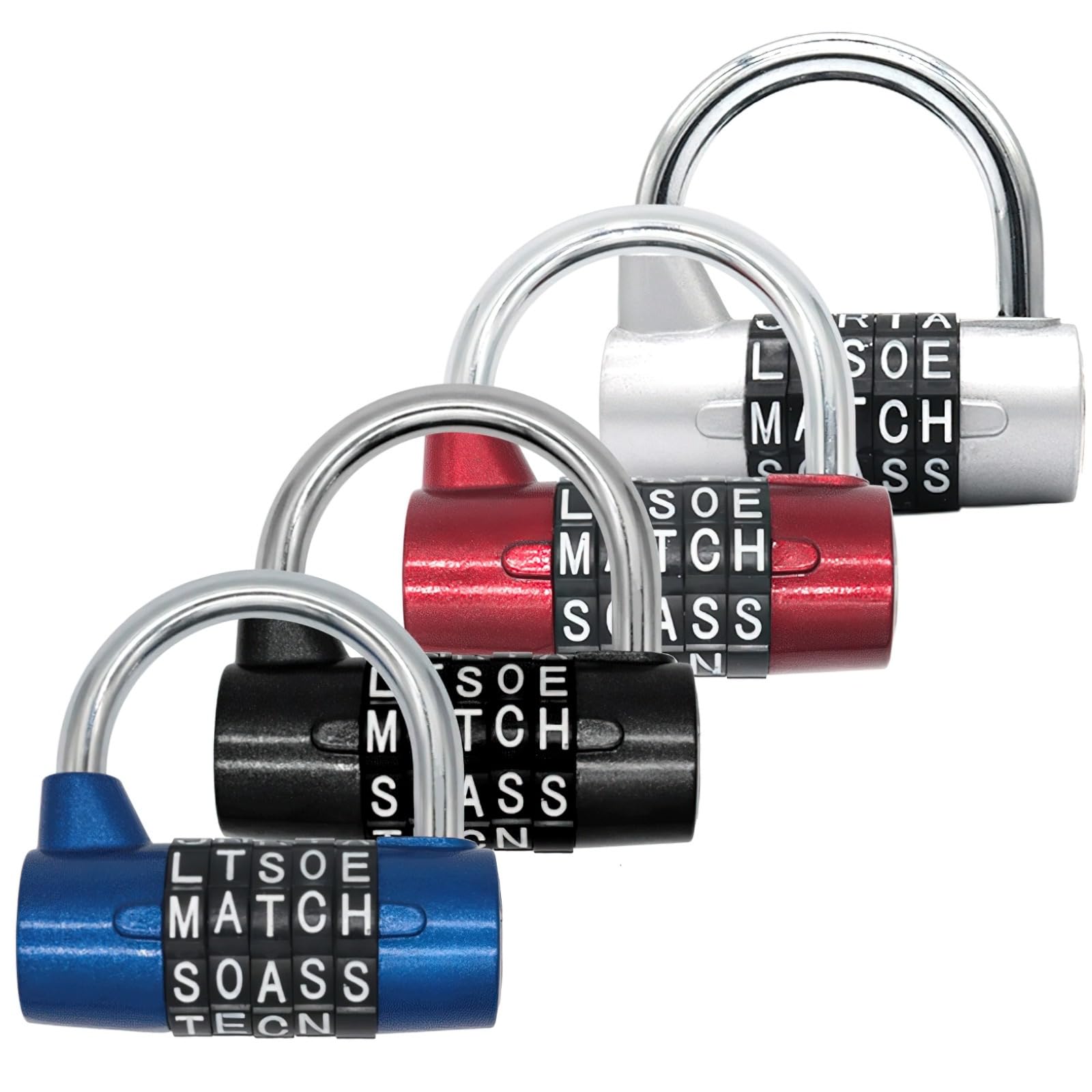Lucchetto a combinazione a 5 lettere, codice regolabile, qualità e sicurezza, antiruggine, ideale per scuole, palestre, 4 pezzi, disponibile in rosso, argento, nero e blu
