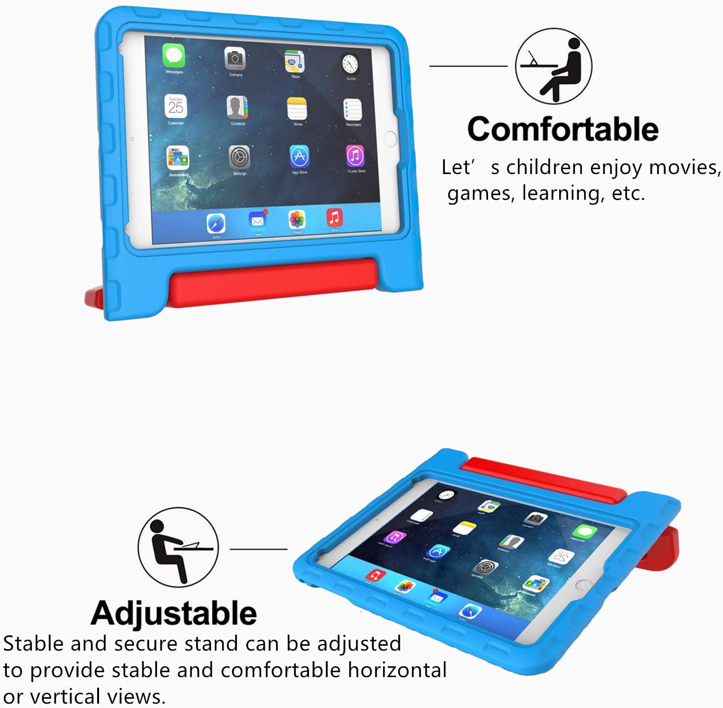 Kids Case for iPad Mini 1 2 3 4 5 Generation - Lightweight Shockproof Convertible Protection Cover with Built-in Handle Stand Children Tablet and 2019 - Retina Display (Blue & Red)