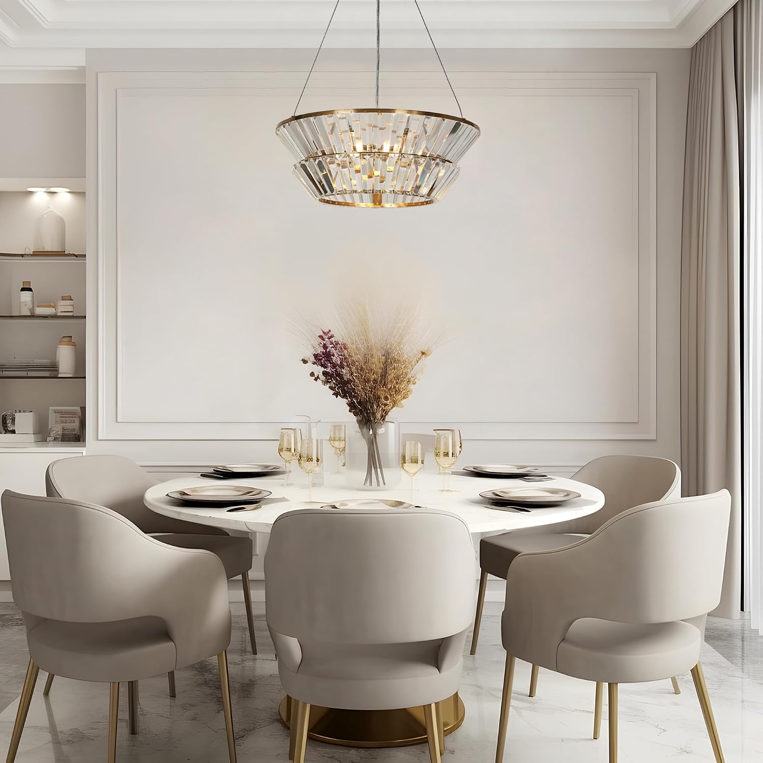 KSANA 2-Tier Gold Crystal Chandelier, 3-Light Modern Glam Chandeliers Hanging Light Fixtures for Dining Room, Living Room, Bedroom, Foyer, Entryway, Staircase, 19.7'' D