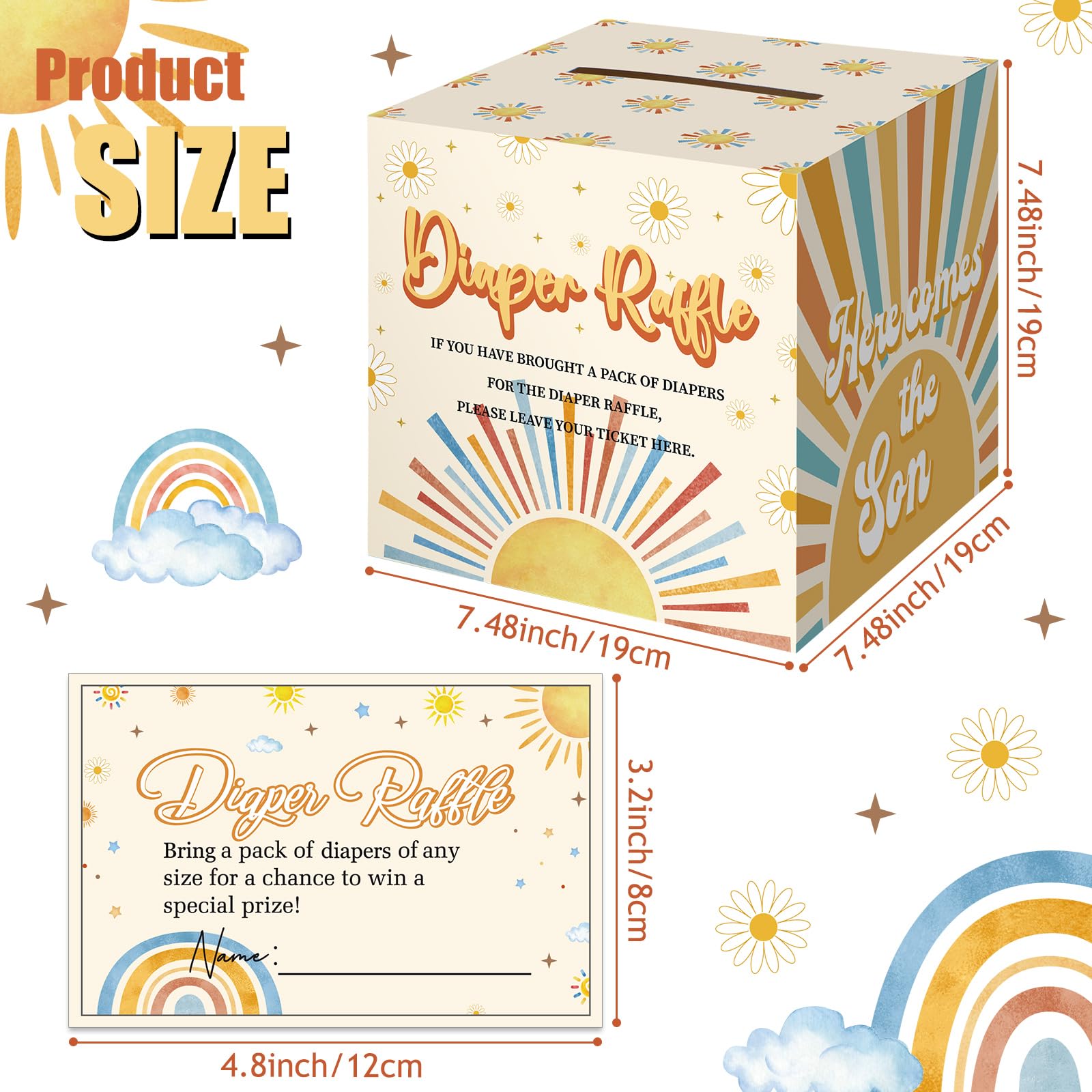 Teling 51 Pieces Diaper Raffle Tickets with Card Box Baby Shower Decorations Baby Shower Holder Box for Girl Boy Diaper Raffle Party(Here Comes the Son)
