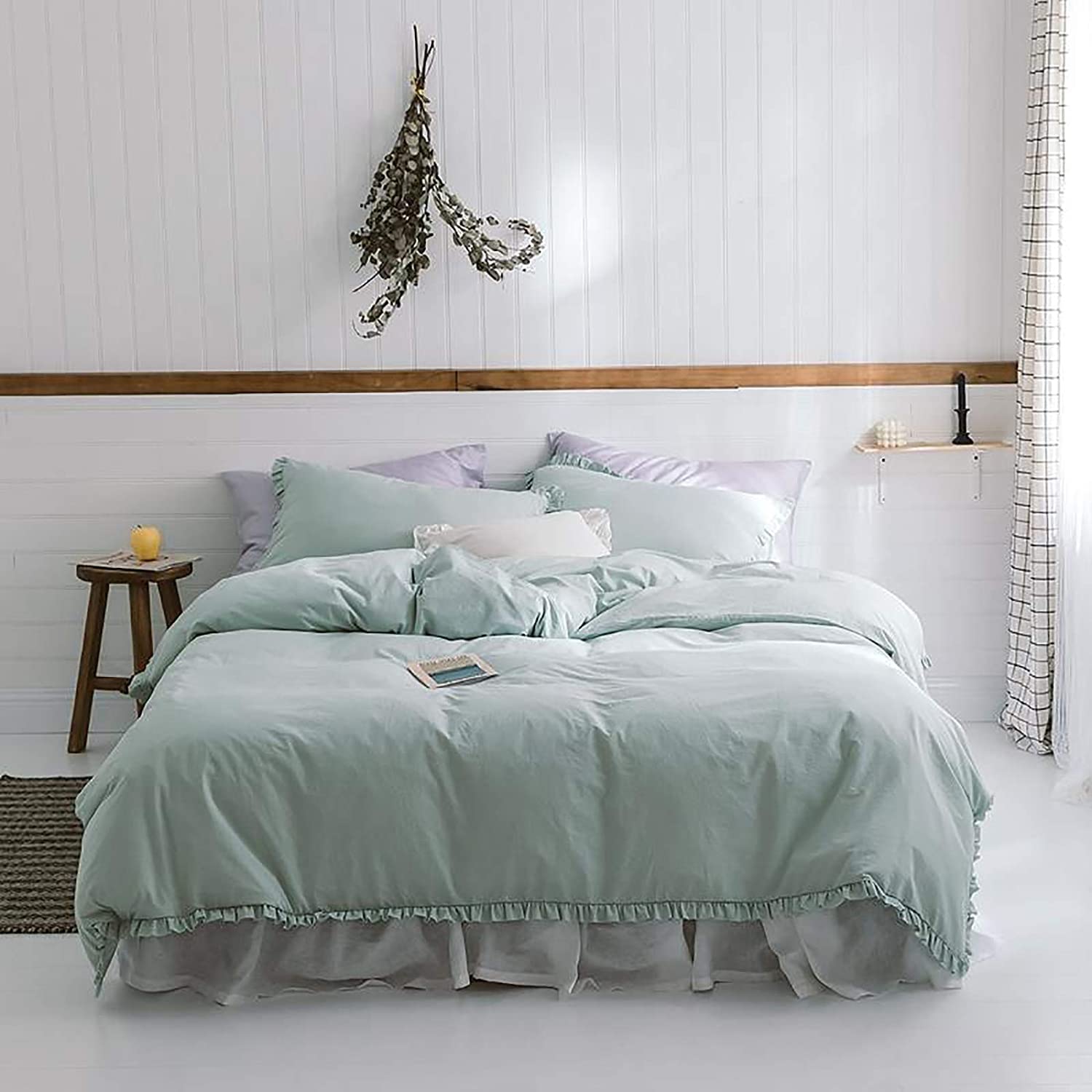 MGEMJMJ Solid Color 100% Washed Cotton Duvet Cover,Vintage Ruffle Comforter Cover,Farmhouse Rustic Soft Breathablequilt Cover With Zipper(Size:200x230cm(79x91inch),Color:B)