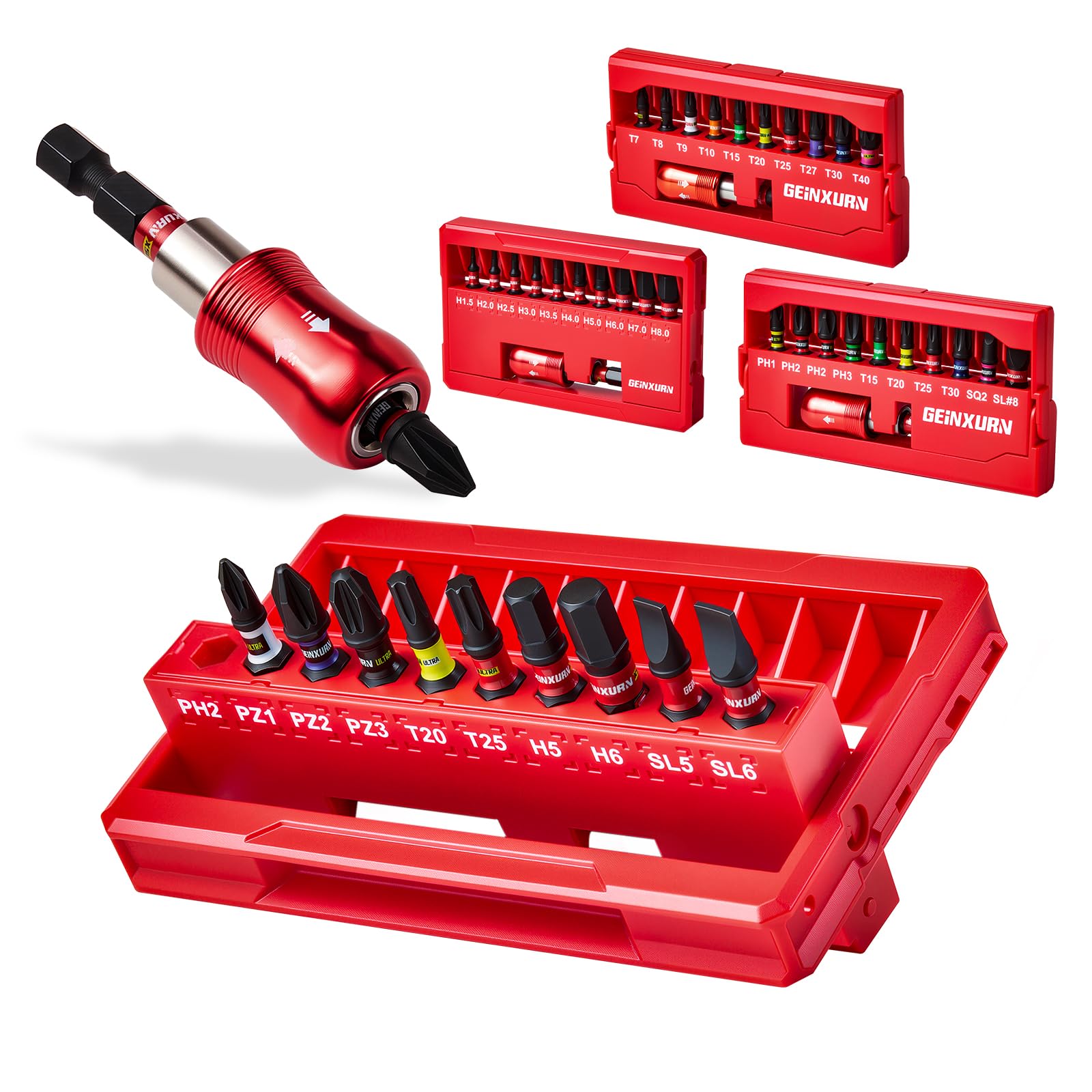 Geinxurn 44Pieces Impact Driver Bits Set, Magnetic S2 Steel 25 mm Phillips/Pozidriv/Torx/Slotted/Hex Insert Screwdriver Bits and Impact Bit Holder with Rotating and X-Shape Storage Box Case