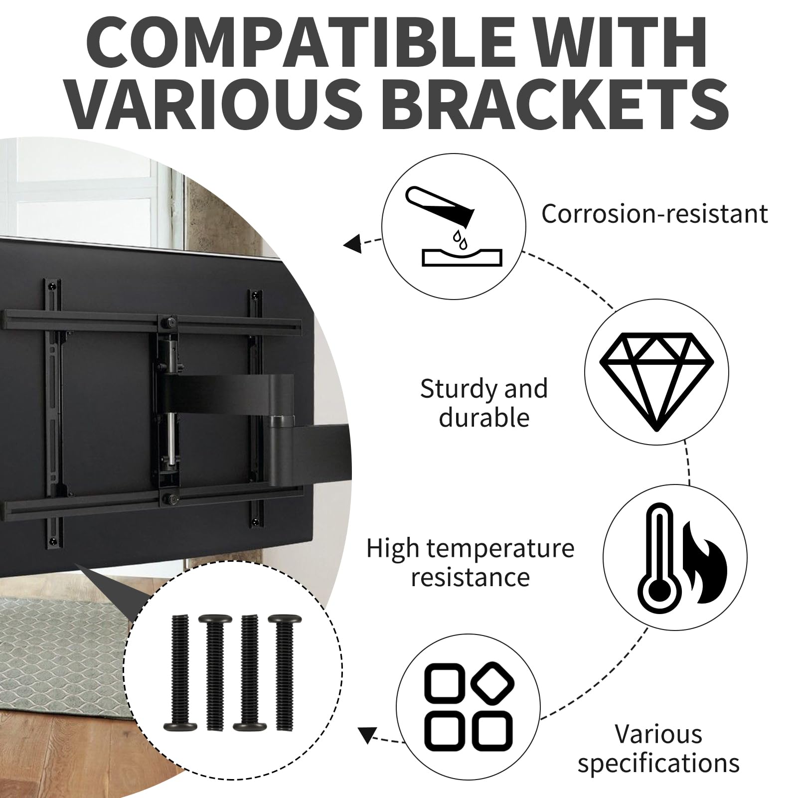 Universal TV Mounting Screw Kit for VESA Standard Wall Mount Brackets, M4 M5 M6 M8 Bolts with Washers and Spacers, Fits Most up to 80 Inch Screens, Black — view 4
