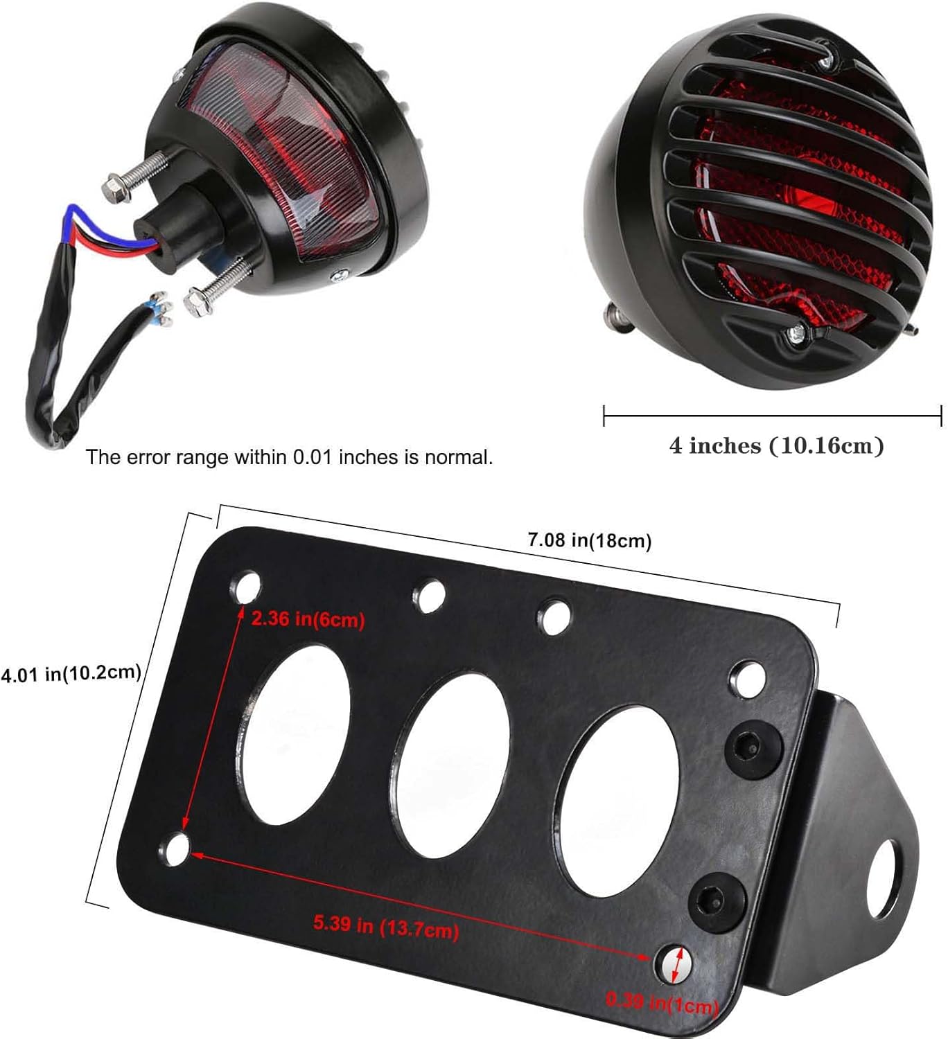 12V Led Red Motorcycle Side Mount Tail Light with Black License Plate Bracket, Brake Light, Stop Running Light, Indicator Light for Locomotive Bobber Chopper Suzuki Yamaha (1 Pack)