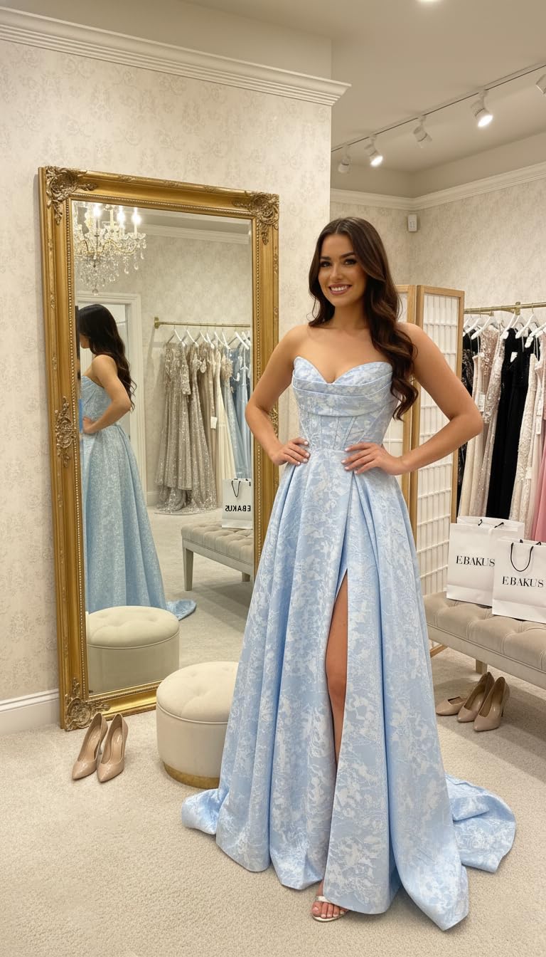 Jacquard Floral Satin Prom Dresses for Women 2026 Strapless A-Line Long Formal Evening Party Gown with Pockets