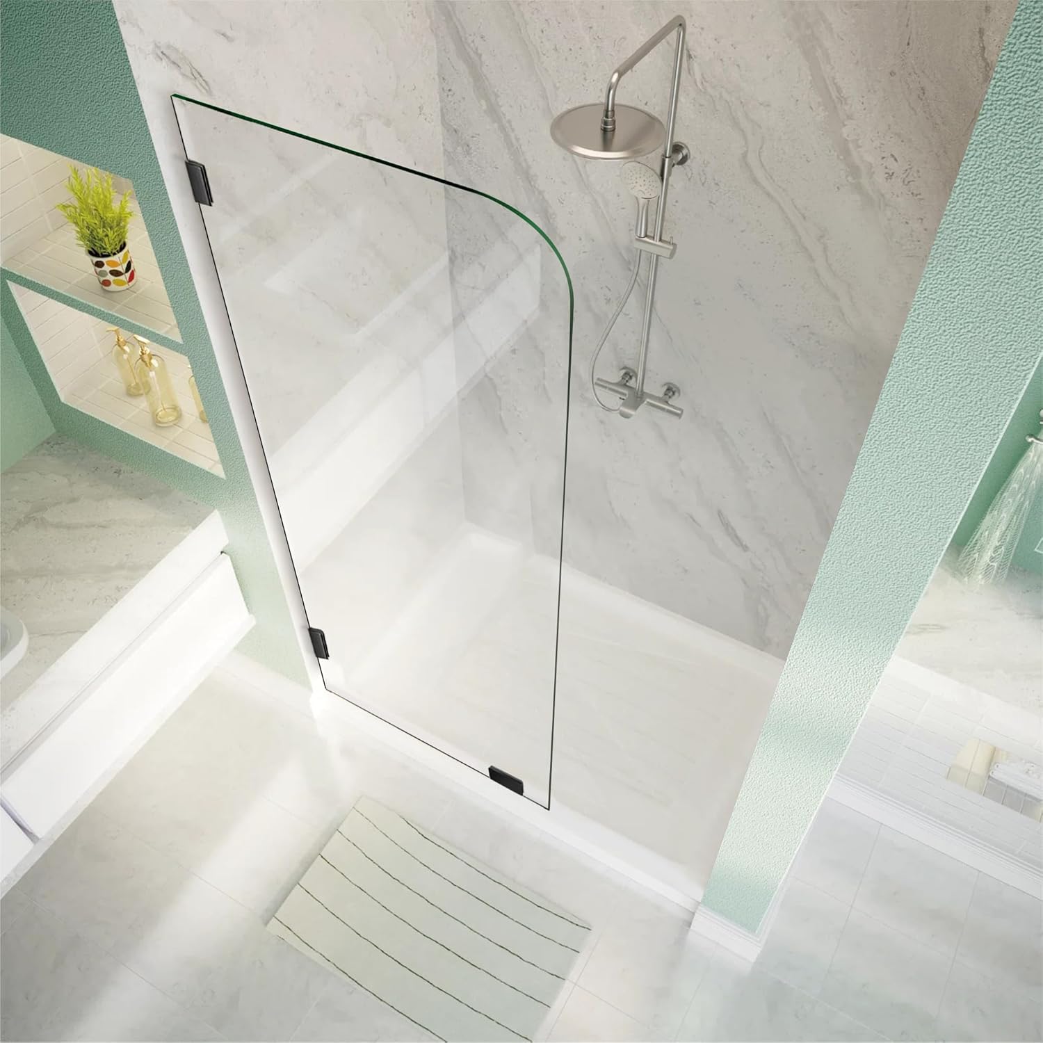 Shower Glass Panel 32" Wx74 H Fixed Frameless Shower Door in Matte Black 5/16"(8mm) Thick Clear Tempered Glass Panel with Clamps Bathroom Screen for Walk in Shower