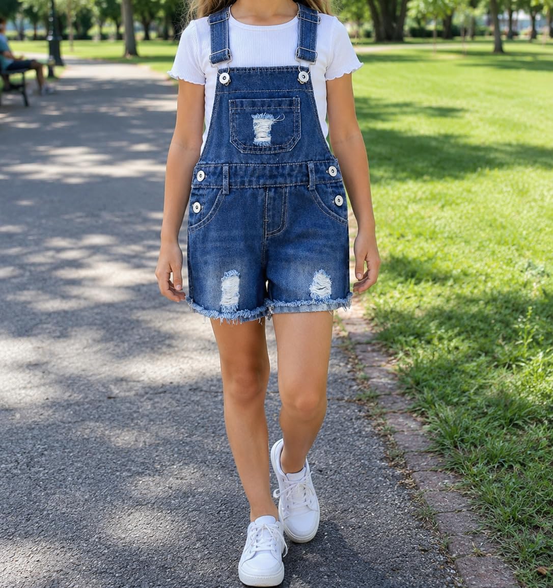 KIDSCOOL Girls Denim Overall Shorts Ripped Raw Hem Jeans Shortalls Jumpsuit