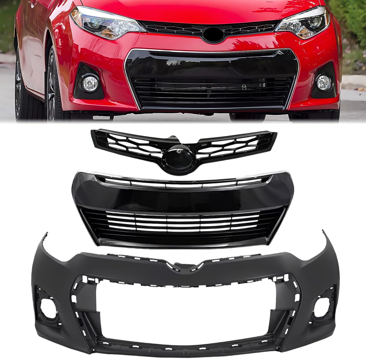 Front Body Bumper Grille Kit Replacement For 2014 2015 2016 Toyota Corolla S Front Bumper With Upper+Lower Grille Assy Replacement Accessories