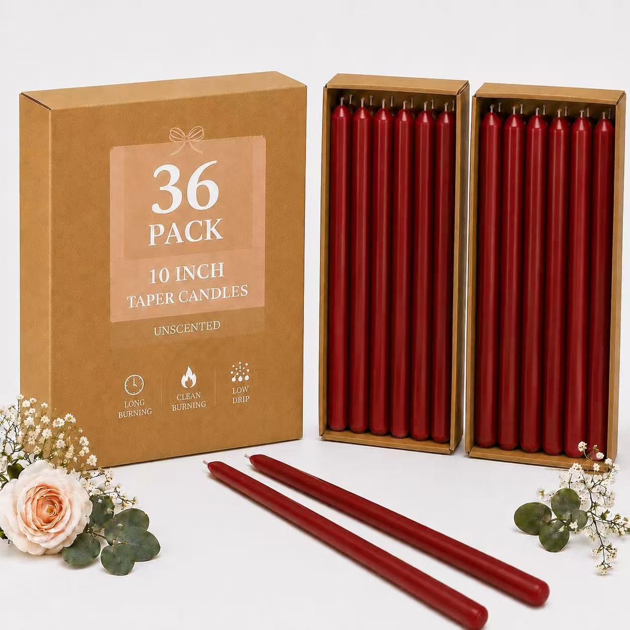Glowsphere 36 Pack 10 Inch Burgundy Smooth Taper Candles