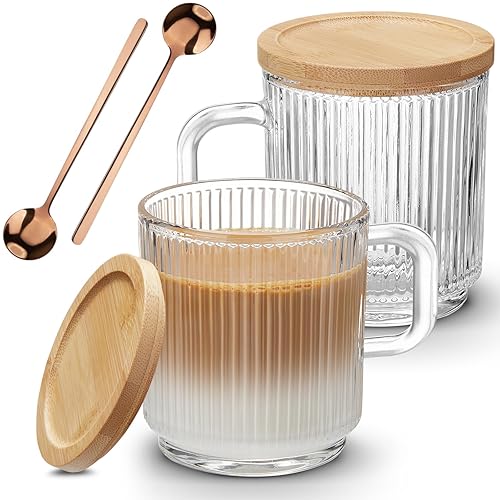 2 PACK Glass Coffee Mugs with Handle & Spoon