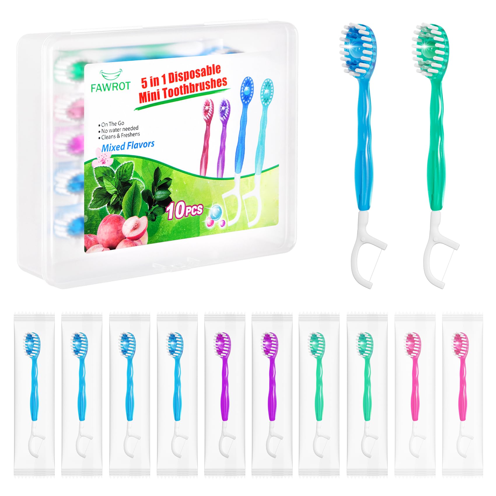 Spazzolini usa e getta con dentifricio: spazzolino portatile 5 in 1 con raschietto per lingua + plettri + filo interdentale + perline fresche, confezionati singolarmente, set da viaggio (10