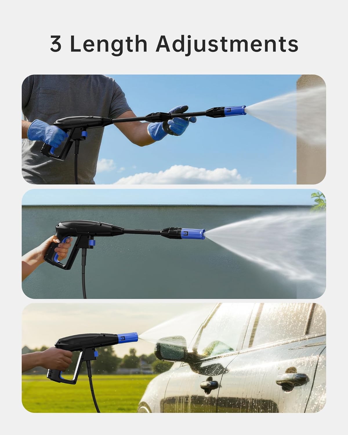 Image showing three different length adjustments for the pressure washer spray gun.