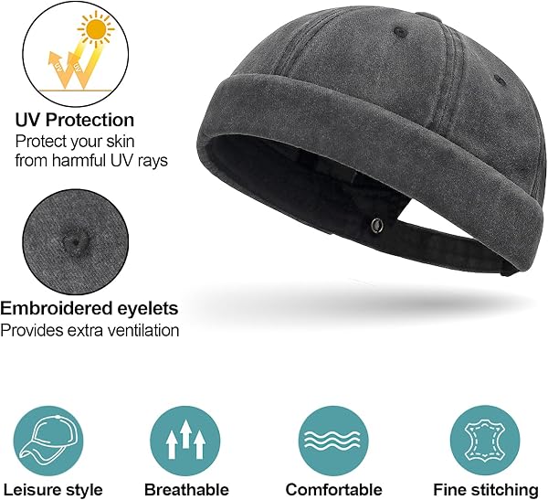 Tiakay Docker-Cap Herren Seemannsmütze Hafenmütze Basecap Tragbar Brimless Rolled Cuff Harbour Vintage Distressed-Baumwolle Mütze Ideal Für Angeln, Wandern Und Outdoor-Aktivitäten - 2