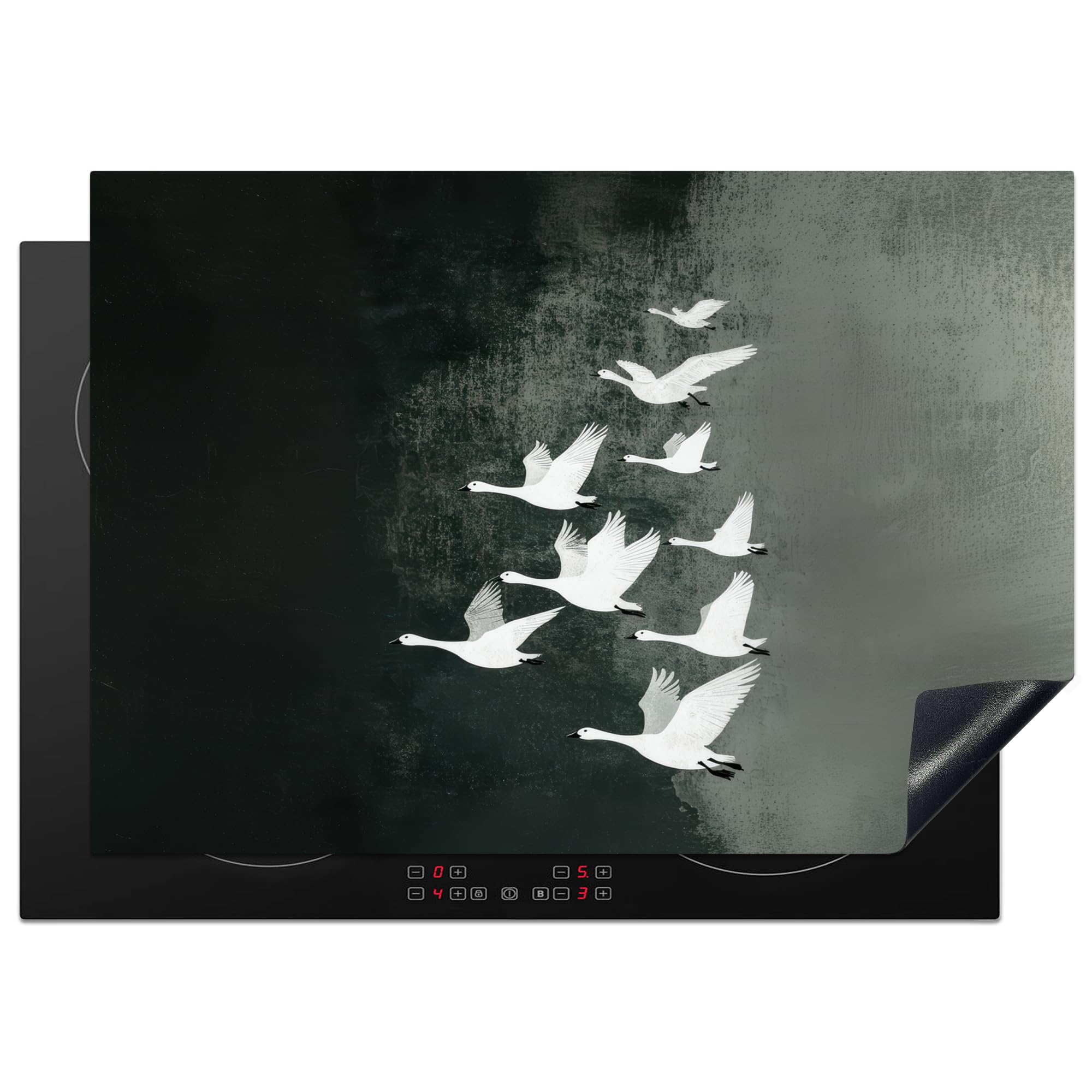 KitchenYeah© Induction Hob Protector Mat 20.5"x29.5" / 75x52 cm Cooker Top Protectors Cover Ceramic Covers Electric Hobs Vinyl Bird - Japandi - Green