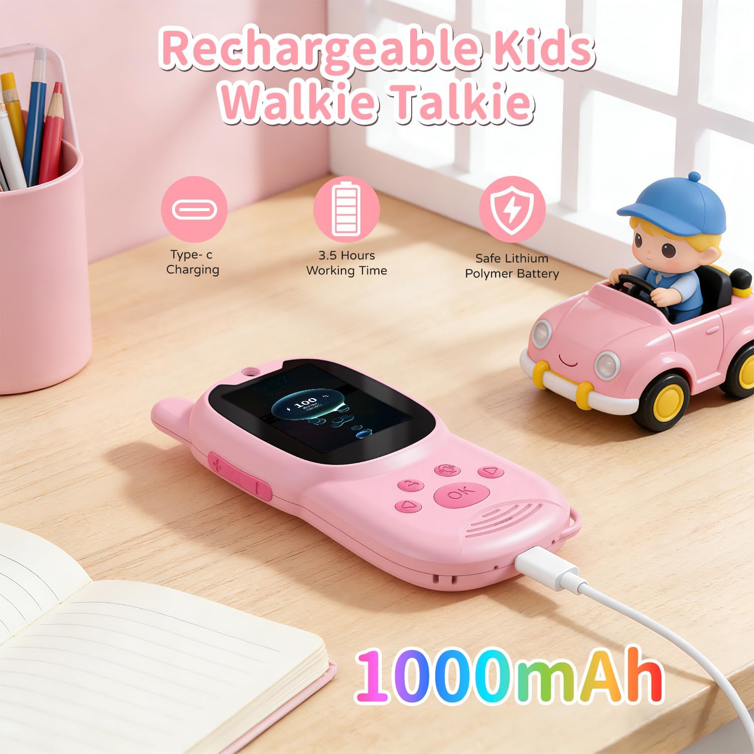 Video Walkie Talkies for Kids, Handheld 2 Pack Rechargeable Video Intercom Kids Walkies Talkies, Indoor Outdoor Toys for Family Games, Outside, Camping, Hiking for Boys Girls Ages 3-12 (Pink+Pink)