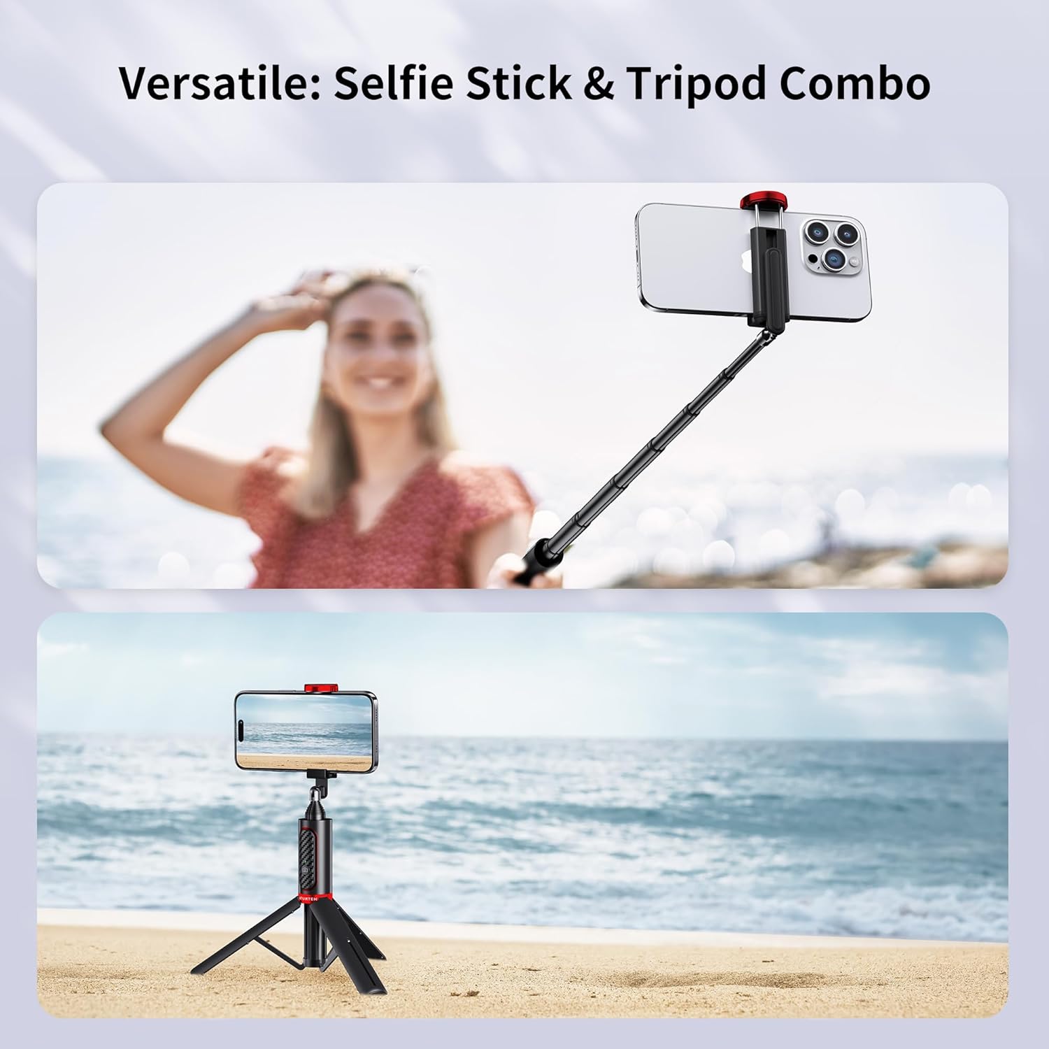 The ATUMTEK Selfie Stick Tripod shown in use as both a handheld selfie stick and a stable tripod stand on a beach.