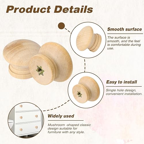 Miniatura 7 de Mozeat Lens 20 pomos de madera para gabinetes, pomos de madera de 1.1 pulgadas, pomos de madera para cajones de aparador, tiradores redondos de