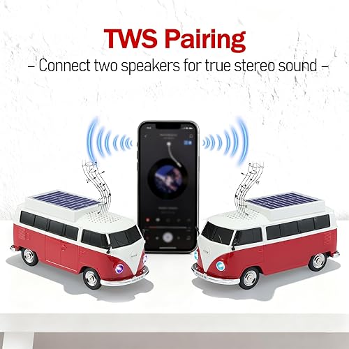 Miniatura 3 de Altavoz solar portátil Bluetooth para automóvil, diseño retro de autobús con sonido estéreo HD, luces LED de fiesta, ruedas móviles, altavoz