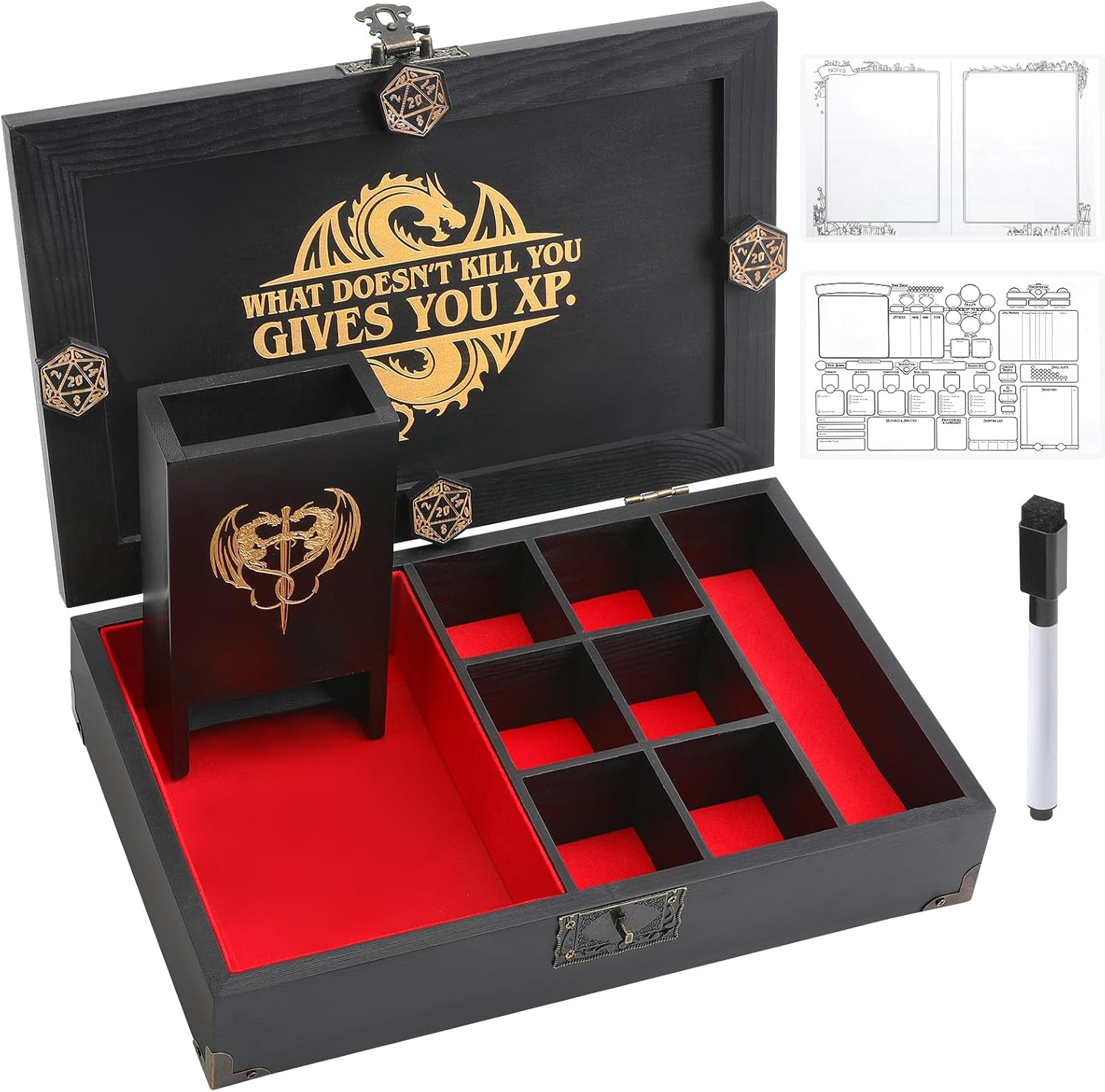 Portable Wooden Dice Tray & Tower with Magnetic Dashboard, Includes Reusable Sheet & Dry Erase Marker, Dice Holder & Box, RPG Storage - Perfect for Dungeons and Dragons, D&D, Board Games