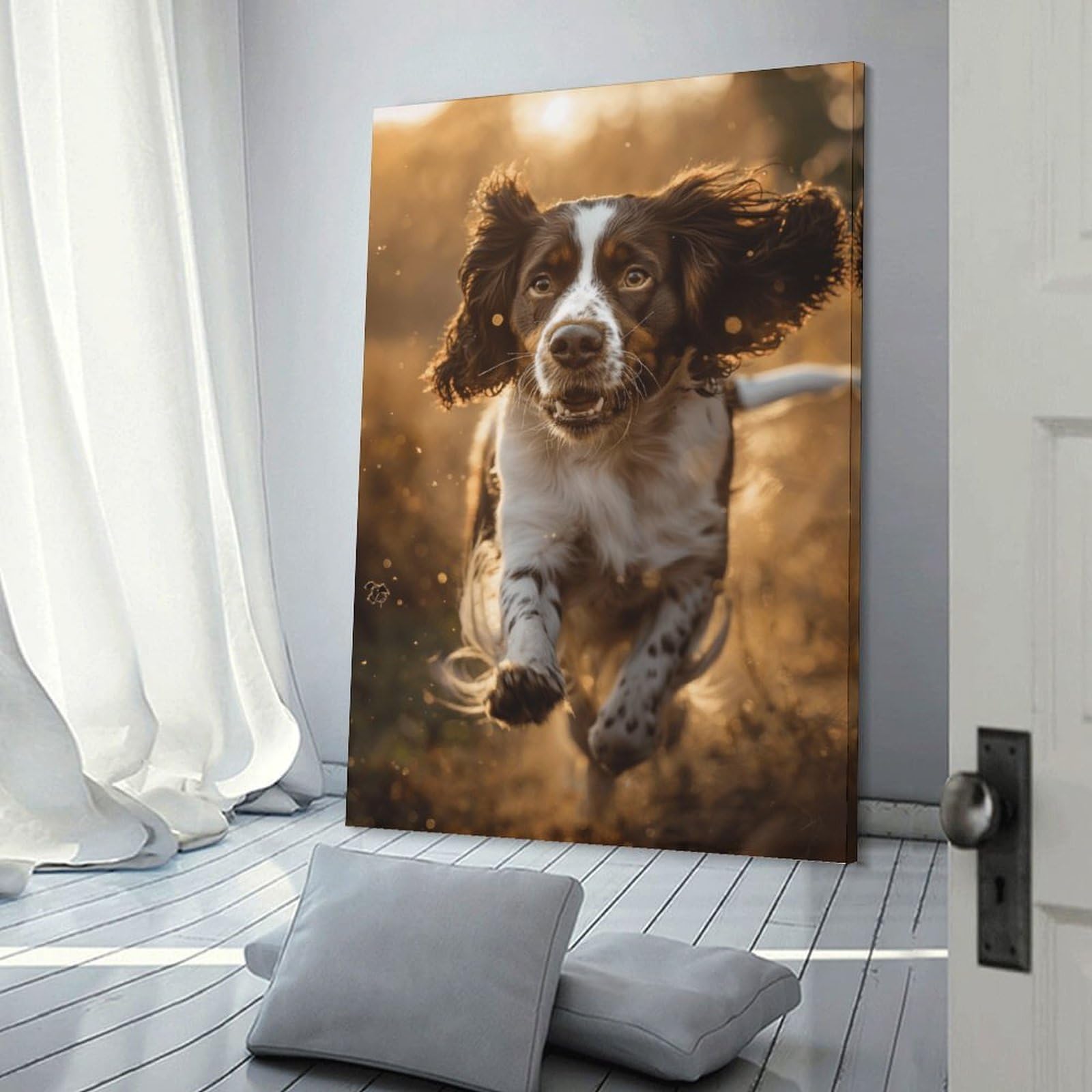 Junmoney Frame-Style-8 Springer Spaniel Running In Sunlight Wall Picture Print, 24X36inch(60X90cm), For Gallery Wall Decor And Room Displays, A Versatile Canvas Print For Layering