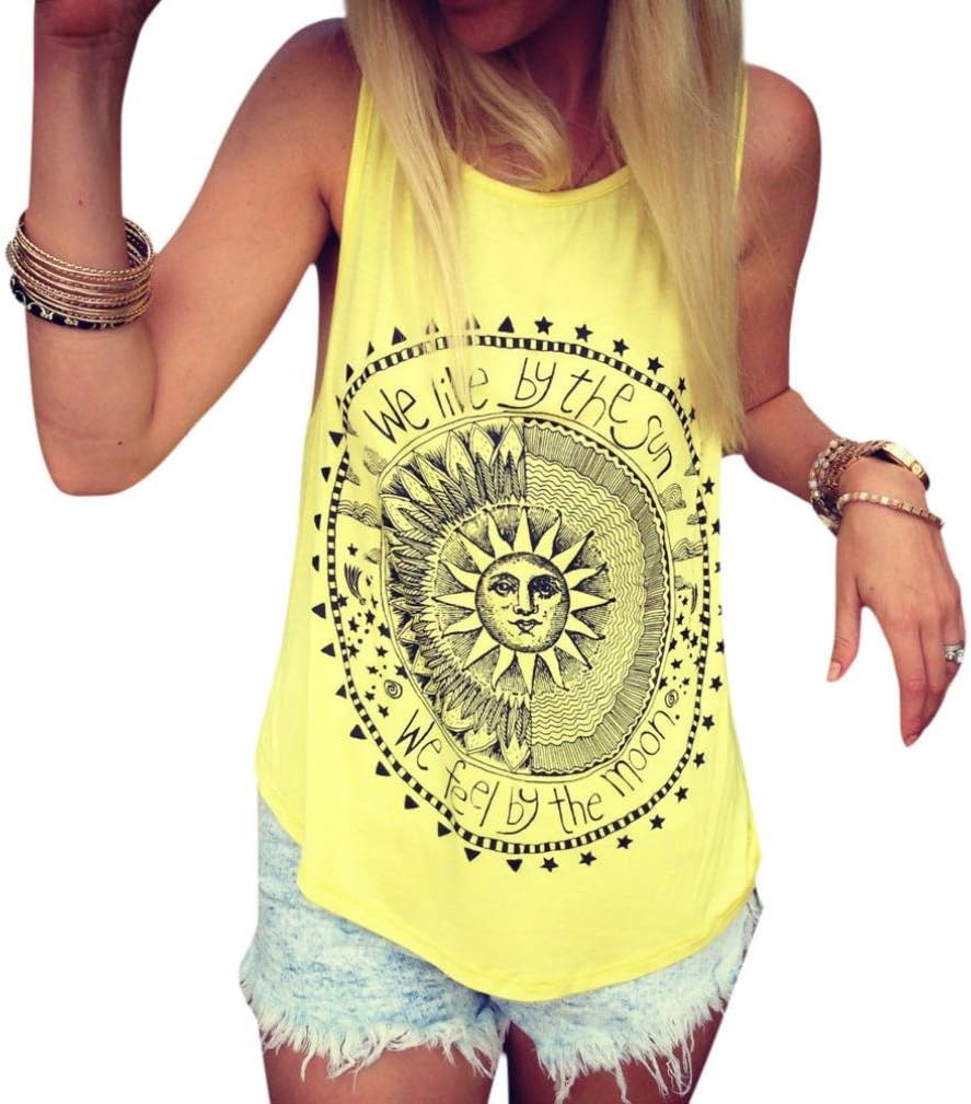 Women Sun Printed Blouse Sleeveless Vest Tee Shirt Blouse Casual Tank Tops (M, Yellow)