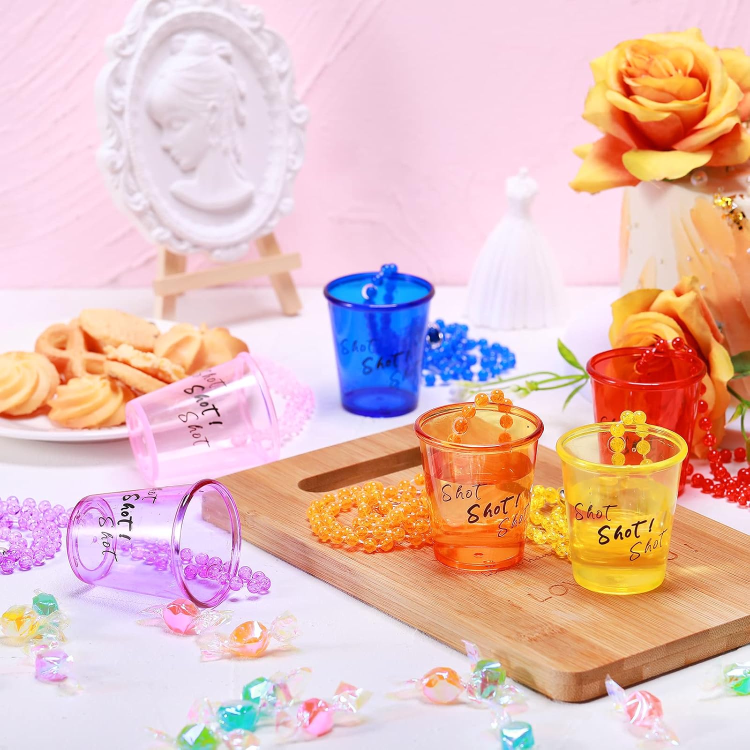 Hillban 24 Pcs Shot Glass Necklaces Cups Plastic Shot Glass on Beaded Necklace Colorful Mini cups for Bachelorette Wedding Party Birthday Gifts