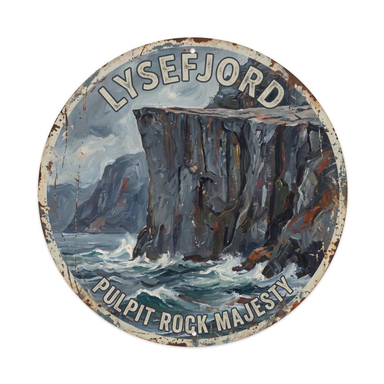 Vintage Travel Lysefjord Norway Cliff Metal Tin Sign Plaque Wall Decor for Cafe, Club Bar, Office, Home Garden Round Metal Poster 8x8Inch