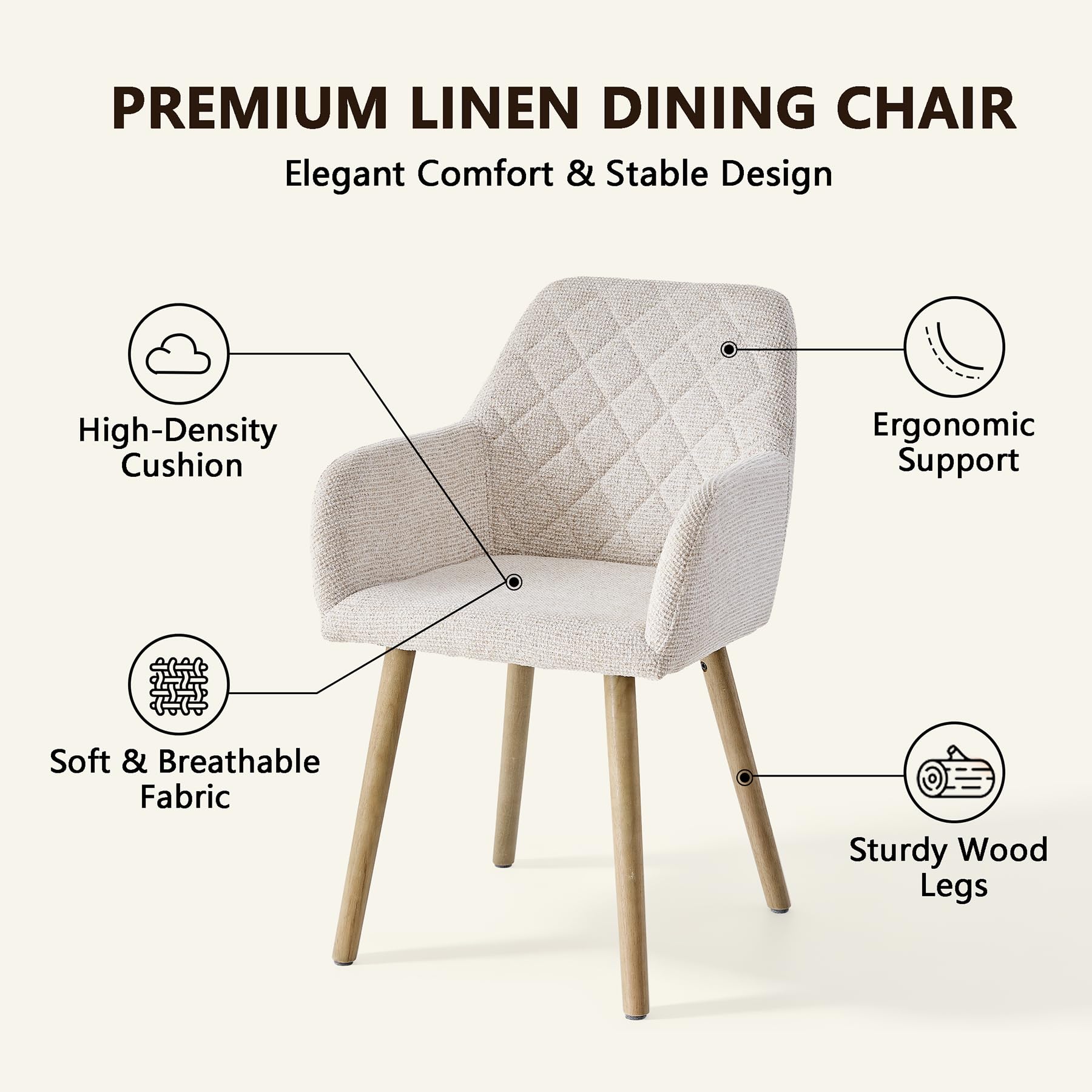 GrandCA HOME Juego de 4 Sillas de Comedor con Brazos, Silla de Lino con Patas de Madera, Asiento Tapizado de Estilo Moderno, Beige