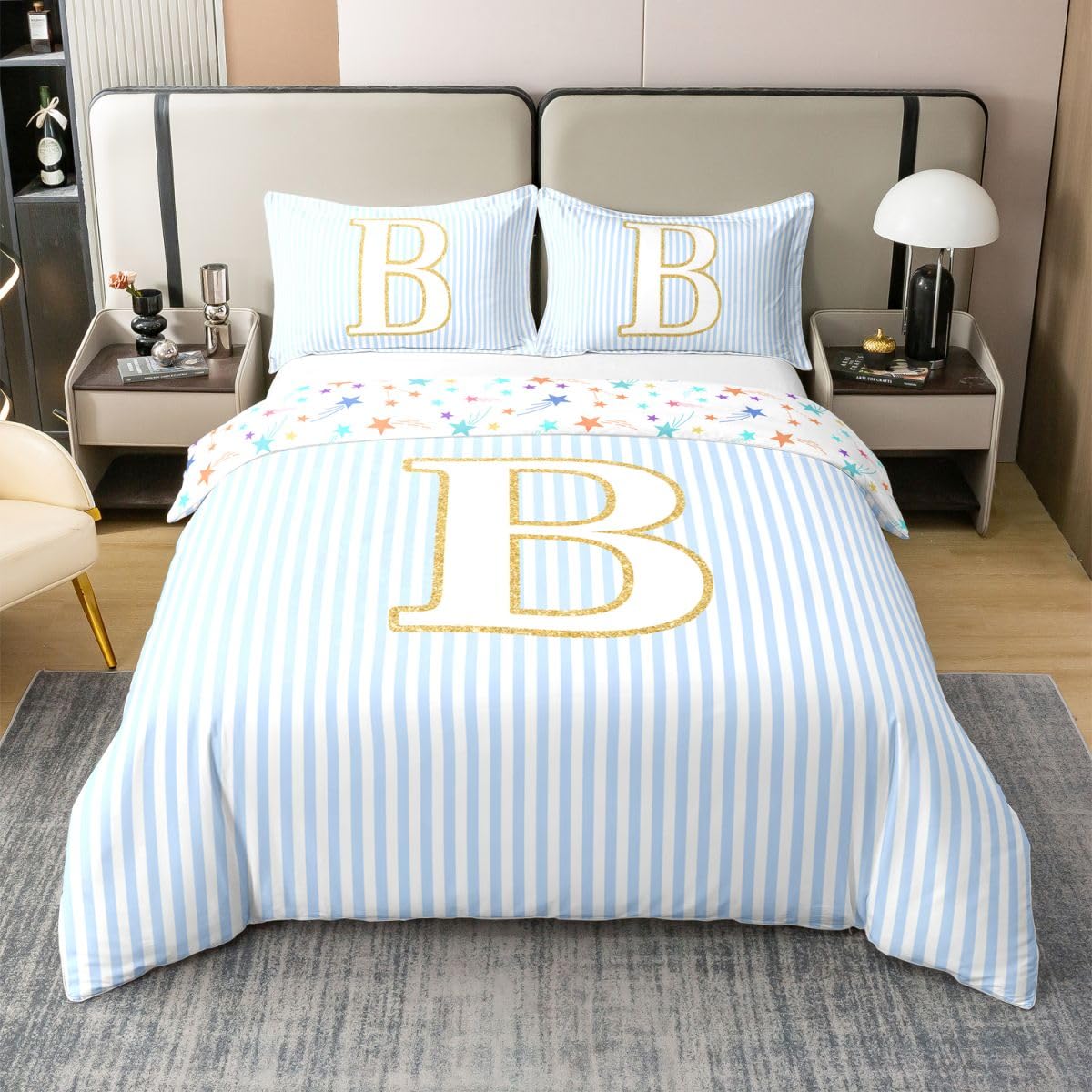 Homewish Nowoczesny monogram B King pościel dla dzieci nastolatków dorosłych bawełna poszewka na kołdrę zestaw niebieski biały abstrakcyjny w paski poszewka na kołdrę modne paski litera początkowe