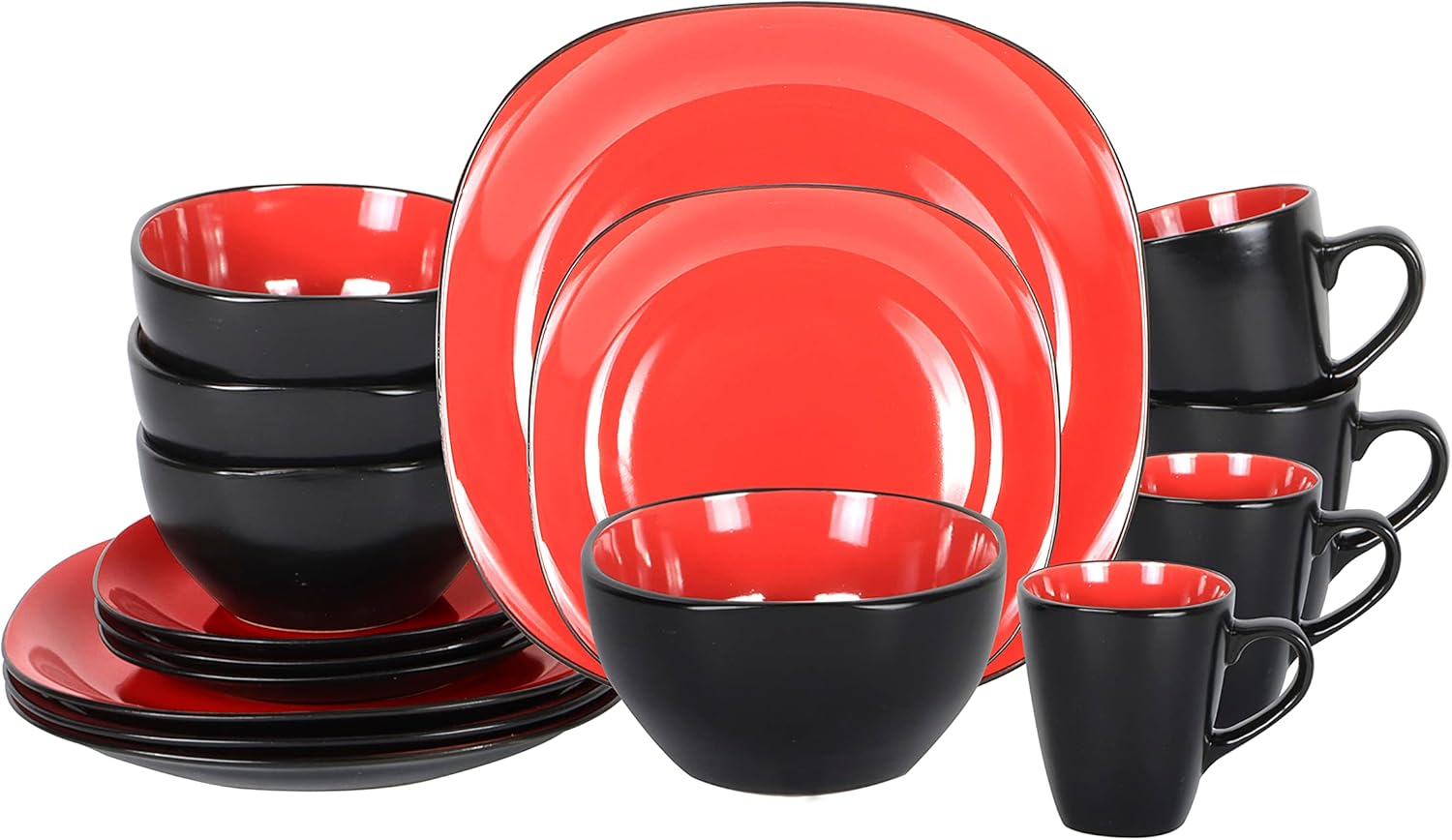 Stoneware Square 16pc Dinnerware Set, Inside Shiny Red + Outside Matte Black