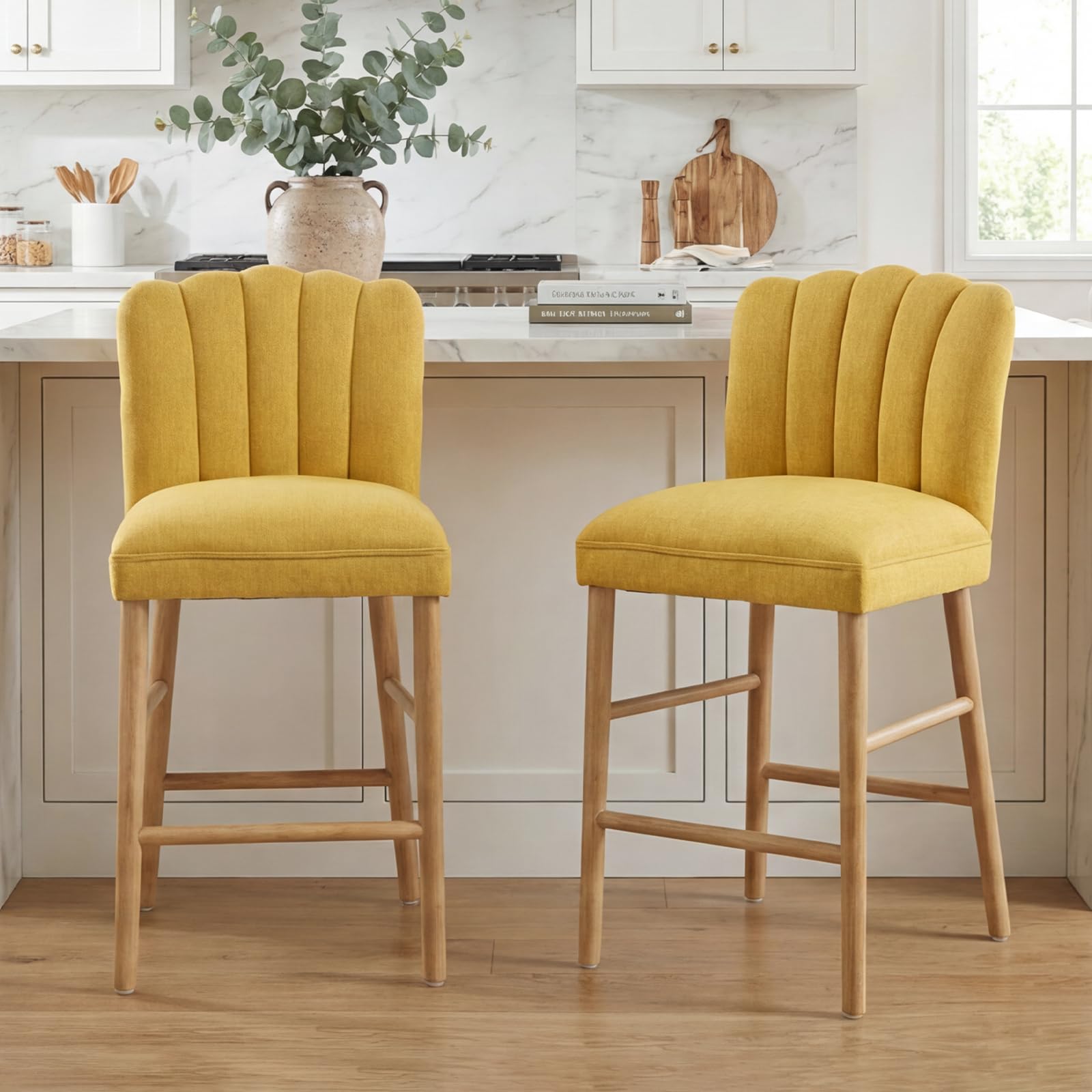 chairus Juego de 2 Taburete de Bar con Patas de Madera Sillas para Isla de Cocina de Diseño Nórdico, Taburetes Altos Acolchados con Respaldo de Pétalo para Comedor/Cafetería, Amarillo