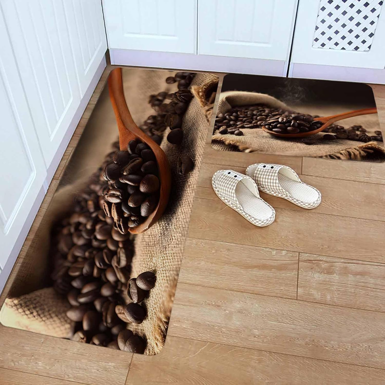 Coffee Beans Kitchen Rugs and Mats Set of 2, Non-Slip Kitchen Sink Mat, Vintage Wooden Spoon Dark Brown Cafe Bean Washable Doormat Bathroom Rugs Runner for Bedroom/Living Room 19.7"x23.6"+19.7"x47.2"