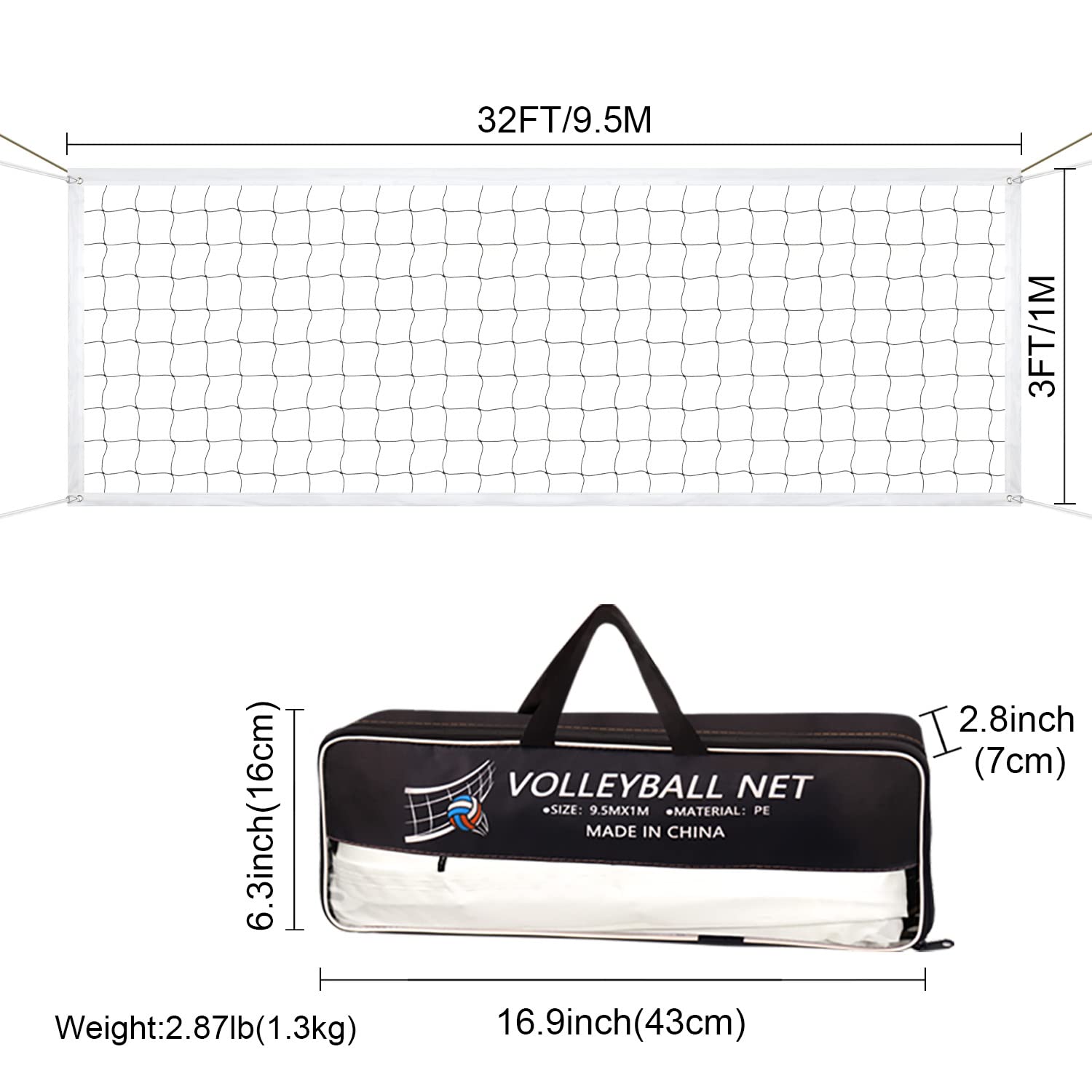 Sport Volleyballnetz Volleyball Ersatznetz Standardgröße (9,5m x 1m) mit Stahlkabel, Verstärkten Seitenbändern für Beach Garden Yard Pool Indoor Outdoor Spiel (nur Netz)