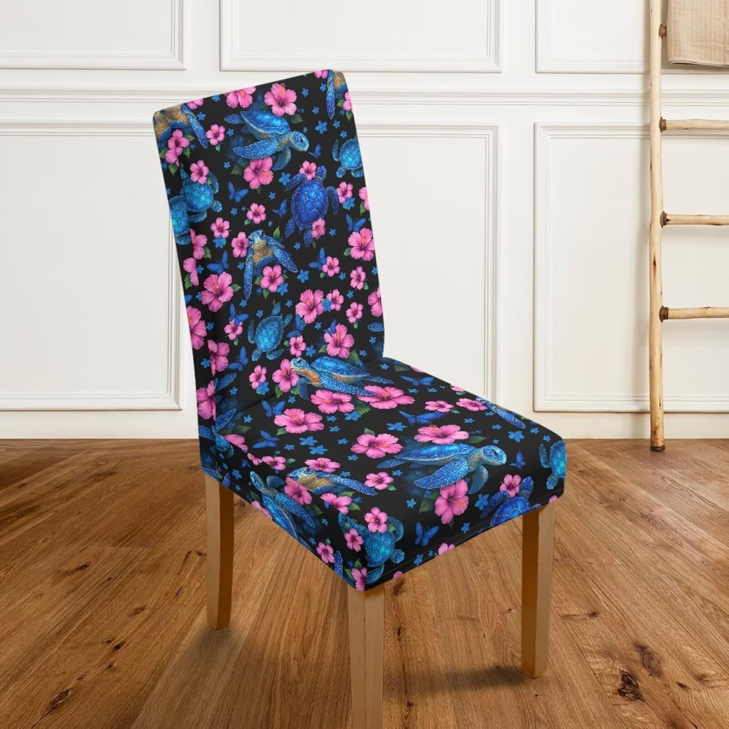 Turtle Hibiscus Print Dining Room Chair Cover Stretch Slip Covers for Dining Chair Comfortable Seat Parson Chair Slipcover for Kitchen, Hotel, Restaurant-4 Pcs