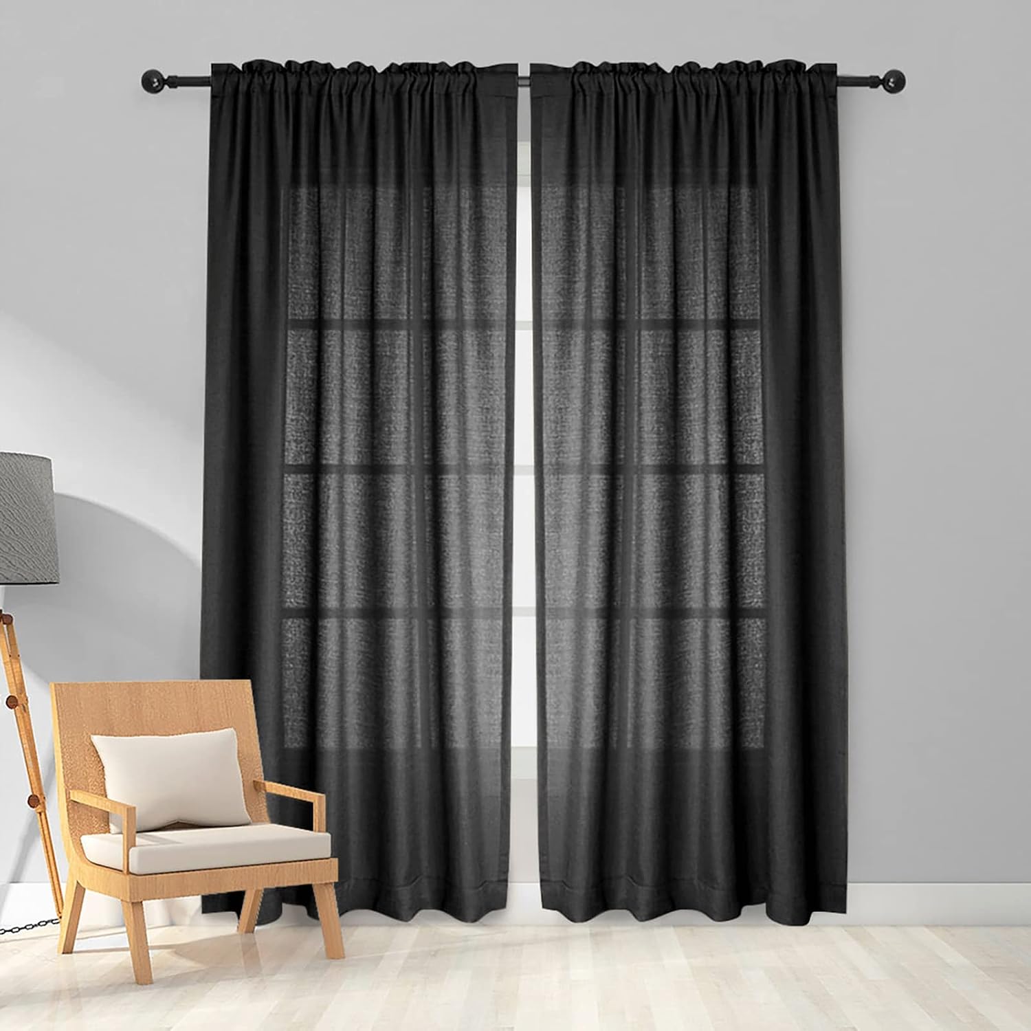 Melodieux Black Semi Sheer Curtains 84 Inches Long for Living Room, Linen Look Bedroom Rod Pocket Voile Drapes, 52 by 84 Inch (2 Panels)