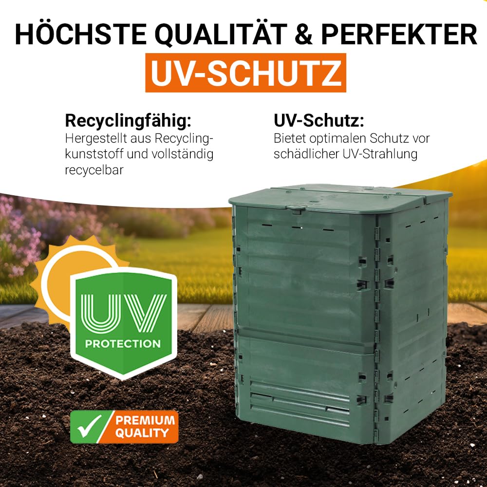 GARANTIA Thermo-King Komposter 600 Liter grün - für Gartenabfall mit isolierten Wänden - leichte Montage ohne Werkzeug - Deckelarretierung und Luftzirkulation aus Recyclingkunststoff für draußen