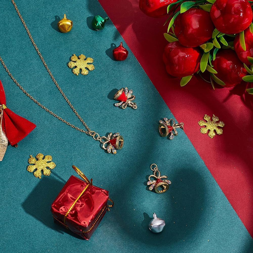 Beebeecraft 1 Box 4Pcs Christmas Bell Charm Enamel 18K Gold Plated Cubic Zirconia Red Bells Charm with Jump Ring for Christmas Theme DIY Craft Jewelry Making